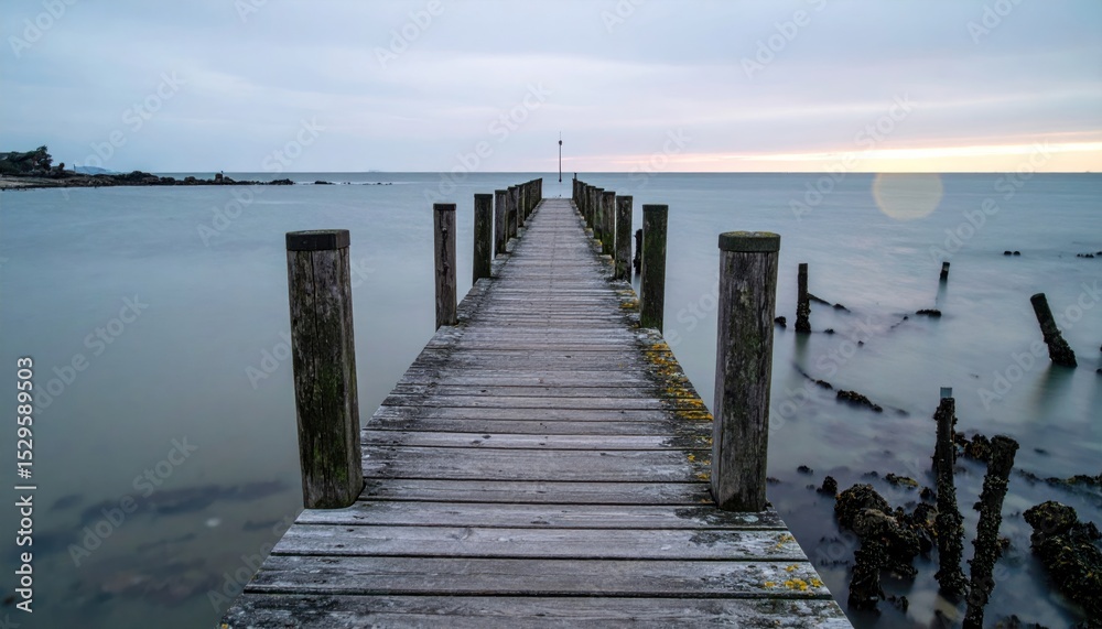 Naklejka premium Long wooden pier stretches into a calm sea under a cloudy, muted sky