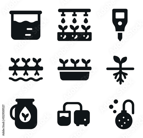 Hydroponic Icons Grid. Solid, filled icons set of hydroponic agriculture: water reservoir, drip emitters, pH