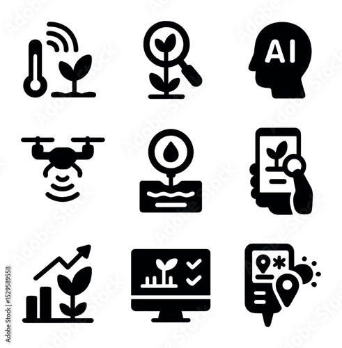 Smart Farming Icons Set. Solid, filled icons set of smart farming technology: IoT sensor, crop health monitor,