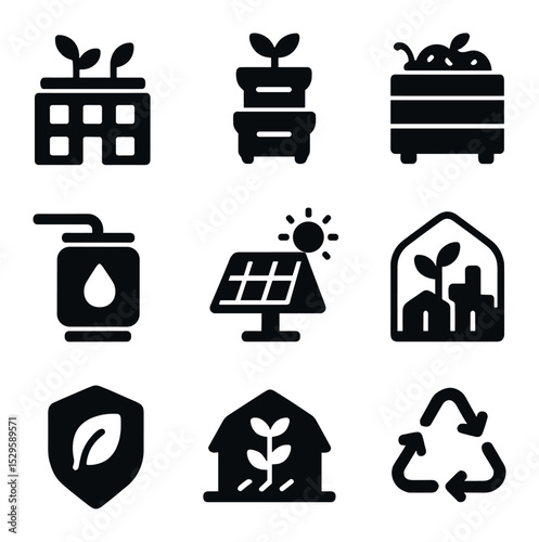 Sustainable Urban Agriculture Icons. Solid, filled icons set of sustainable urban agriculture: rooftop garden,