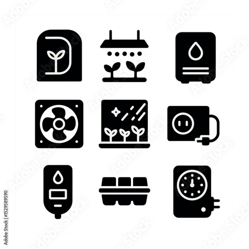 Indoor Farming Icons. Solid, filled icons set of indoor farming infrastructure: grow tent, light panel, air