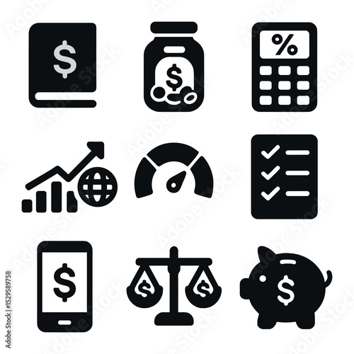 Financial Tools Icons. Solid, filled icons set of financial literacy tools: budget book, savings jar, interest