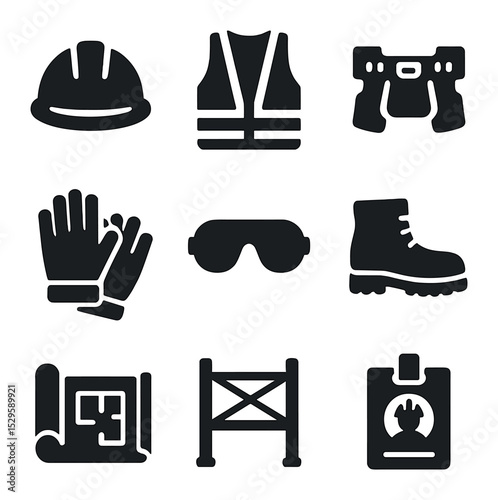 Construction Icons Grid. Solid, filled icons set of building site workers: hard hat, safety vest, toolbelt,