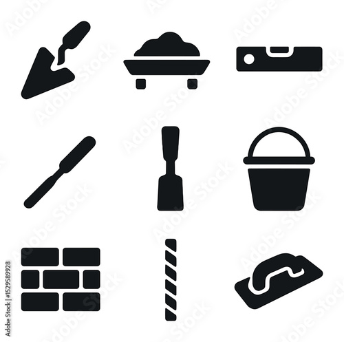 Masonry Tools Icons. Solid, filled icons set of masonry work: brick trowel, mortar board, spirit level,