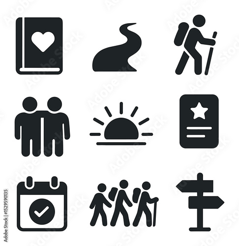 Shared Growth Icons. Solid, filled icons set of shared personal development journeys: journal, path icon,