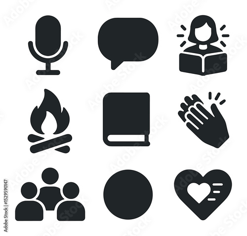 Storytelling Icons Set. Solid, filled icons set of empowerment through storytelling: microphone, speech bubble