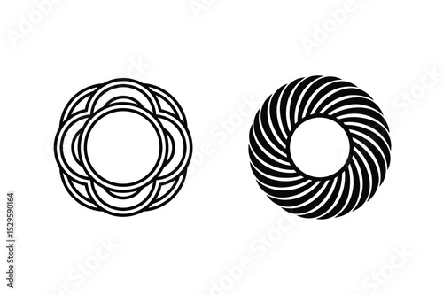 Two abstract geometric circular designs in black and white for creative visuals