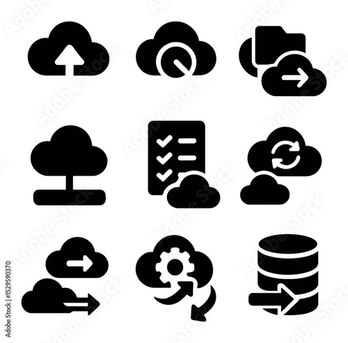 Cloud Migration Icons. Solid, filled icons set of cloud migration process: upload arrow, progress cloud, file