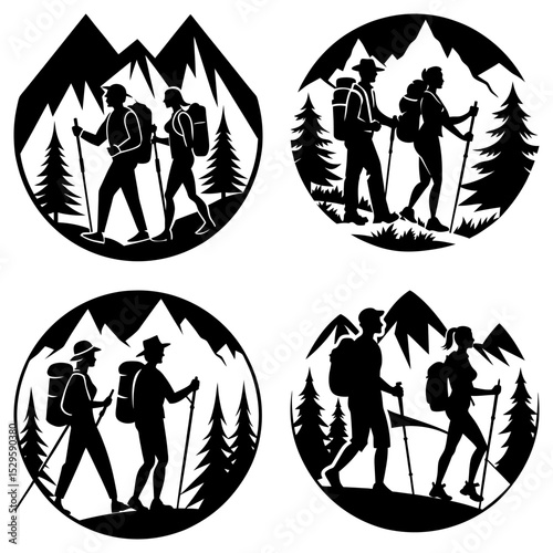 Four circular mountain scenes with silhouetted hikers trees and mountain peaks black and white vector art