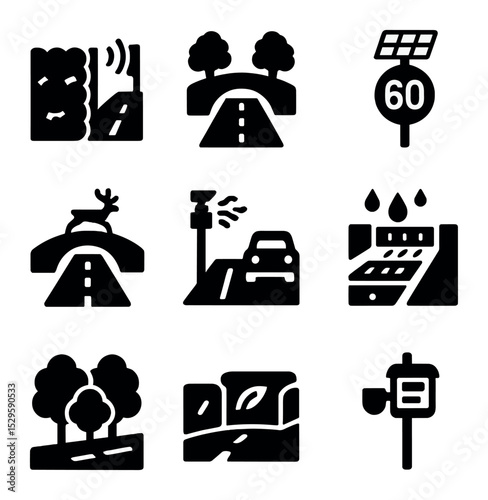 Eco-Friendly Highway Icons. Solid, filled icons set of highway sustainability: soundproof green walls, eco
