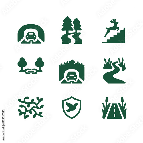 Habitat Connectivity Icons. Solid, filled icons set of habitat connectivity: green bridges, forest corridors,