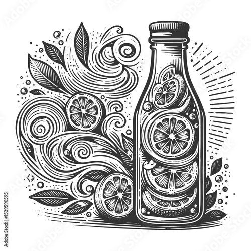 mason jar filled with lemon slices, ice cubes, and mint leaves, evoking summer freshness sketch engraving generative ai vector illustration. Scratch board imitation. Black and white image.
