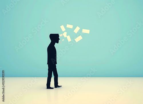 A silhouette of a person with an open head, from which paper sheets are flying out, symbolizing ideas, thoughts, or information release.