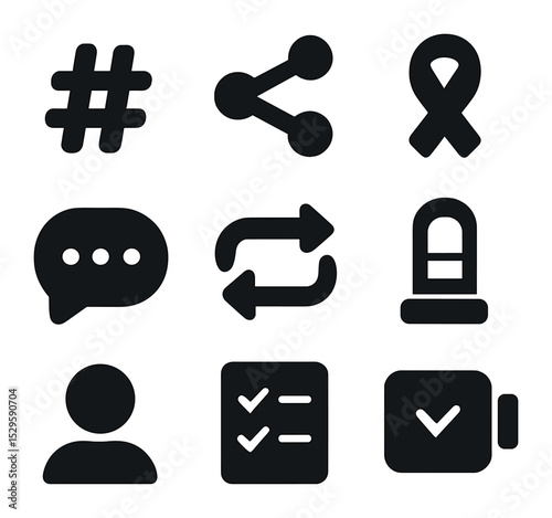 Digital Activism Icons. Solid, filled icons set of digital activism: hashtag sign, social share icon,