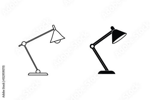 Simple outline illustrations of desk lamps in black and white minimalist design