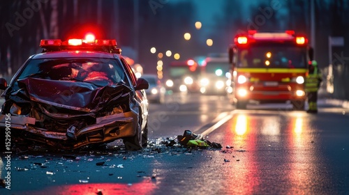 Emergency Response Scene After Car Collision with Police and Fire Truck