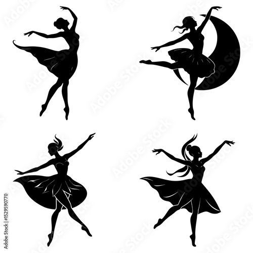 Four silhouettes of ballerinas in various poses with flowing dresses and elegant arm positions dancing