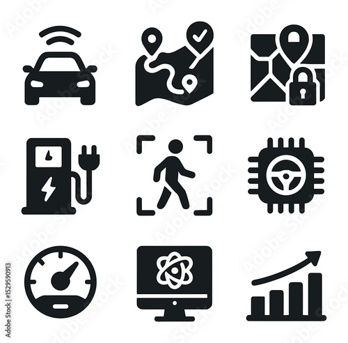 Smart Transport Icons. Solid, filled icons set of smart transportation with quantum AI: self-driving car radar