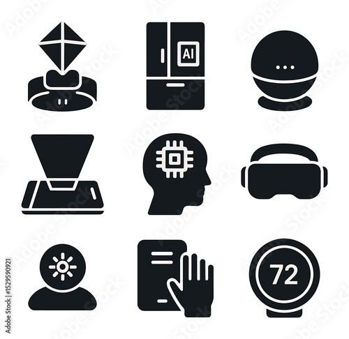 Future Tech Icons. Solid, filled icons set of future consumer devices with quantum integration: hologram watch