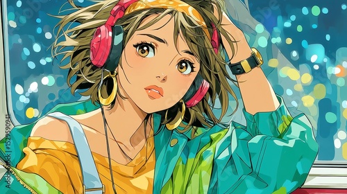 Anime-inspired city pop scene, a girl with headphones gazes through a train window, city lights softly reflecting on the glass, evoking nostalgia of the 1990s.