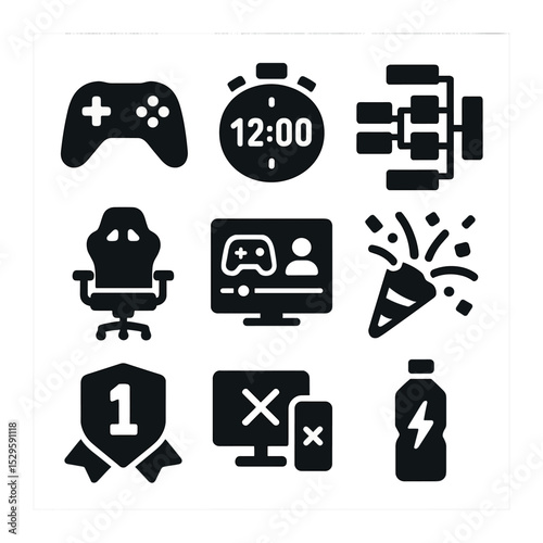 Esports Event Icons. Solid, filled icons set of esports events: joystick, match timer, digital bracket, gaming