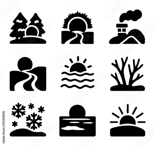 Winter Sunrise Icons. Solid, filled icons set of winter sunrise: snow-covered trees, frosty sun, icy path,