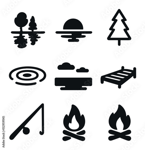 Lake Icons at Dusk. Solid, filled icons set of lake reflection at dusk: mirrored water, fading sun, tree