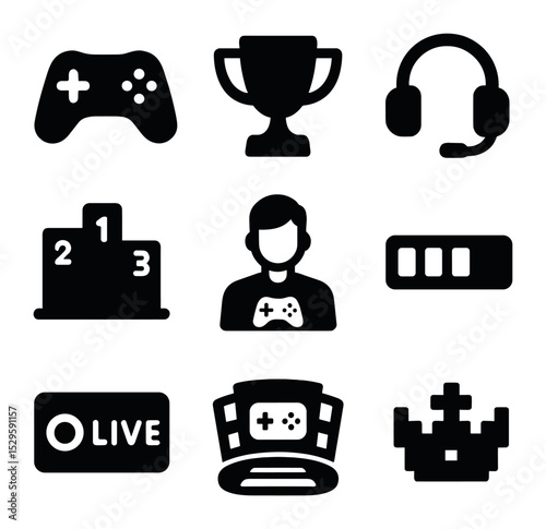 Digital Gaming Icons. Solid, filled icons set of digital gaming leagues: game controller, trophy cup, headset,
