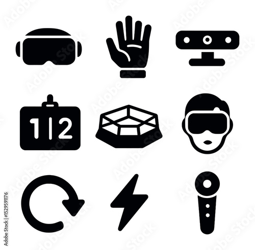 VR Gaming Icons. Solid, filled icons set of VR gaming competitions: VR headset, virtual glove, motion sensor,