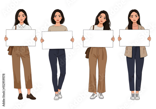 Stylish Cartoon Female Characters Holding a Blank Sign in Different Outfits.