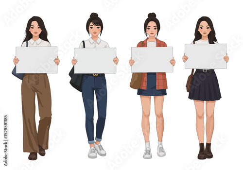 Stylish Cartoon Female Characters Holding a Blank Sign in Different Outfits.