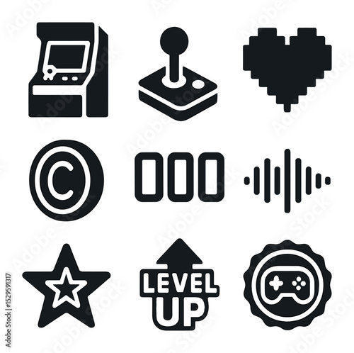 Retro Gaming Icons. Solid, filled icons set of retro gaming tournaments: arcade machine, 8-bit joystick, pixel