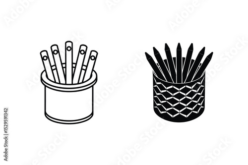 Simple vector illustration of two pencil holders filled with pens in modern black and white design