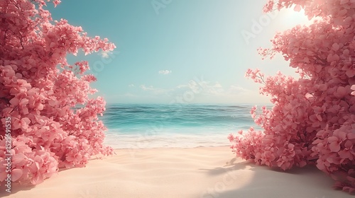 Serene Pink Blossoms Frame Tropical Beach Paradise