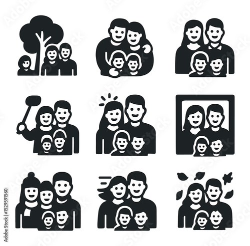Fall Family Icons. Solid, filled icons set of fall family portraits: tree backdrop, group hug, smile pose,