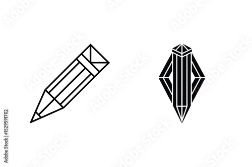 Minimalist vector illustration of geometric pencil and diamond shape designs in black and white