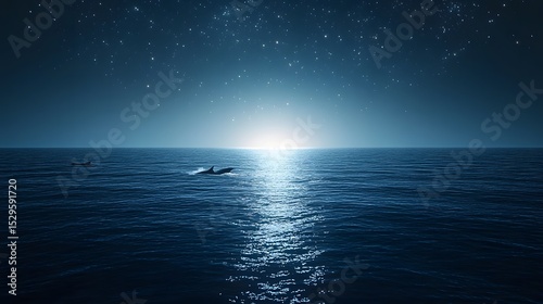 Serene Night Ocean Scene with Dolphins Swimming under Starlit Sky