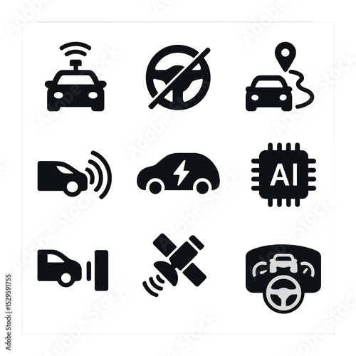 Self-Driving Car Icons. Solid, filled icons set of self-driving cars: lidar sensor, steering wheel off icon,