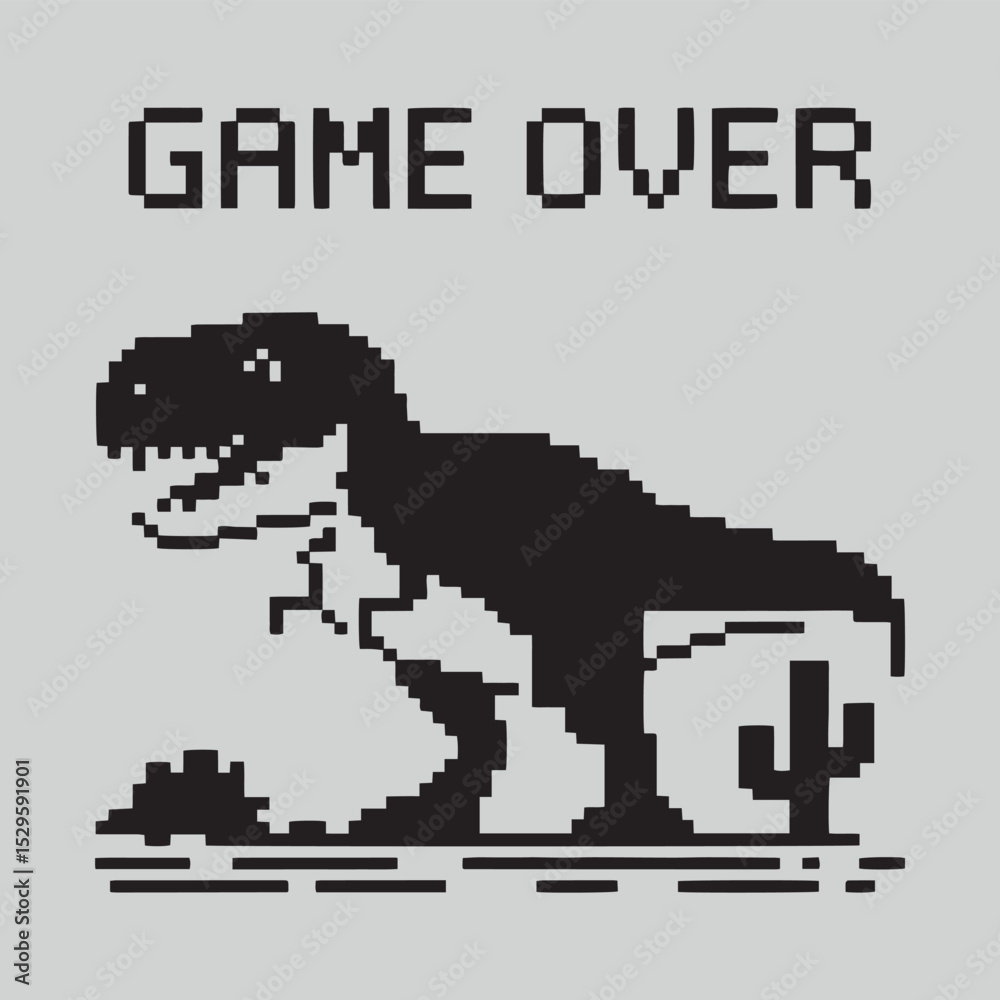 Fototapeta premium Pixel art dinosaur icon vector depicting internet symbol offline error game over