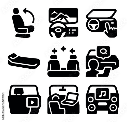 Futuristic Car Interior Icons. Solid, filled icons set of futuristic car interiors: rotating seat, AR
