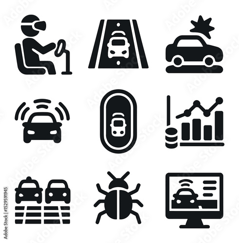 Self-Driving Car Icons. Solid, filled icons set of testing and simulation of self-driving cars: VR simulation