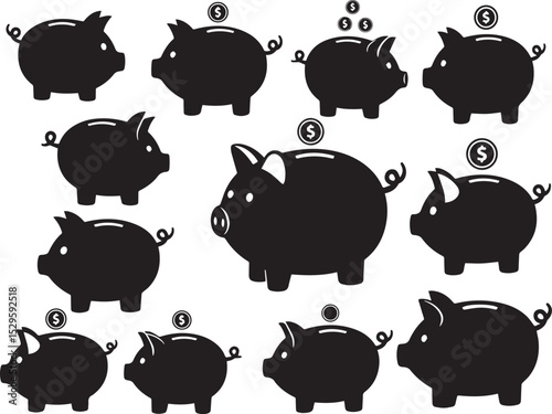 Piggy Bank Silhouette Vector Set. Savings, Finance, and Money Icons with Coins.