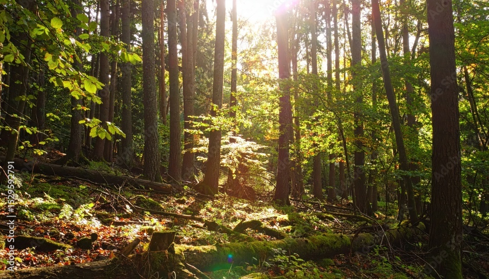 Obraz premium Sunlight streams through dense woodland, illuminating moss and fallen leaves