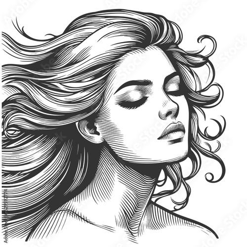woman with eyes closed and long, wavy hair blowing in the wind, evoking elegance and calm sketch engraving generative ai fictional character vector illustration. Scratch board. Black and white image.