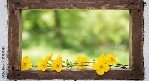 Yellow flowers on wooden windowsill with green garden background