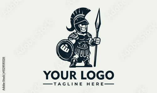 Ancient Roman warrior holding spear and shield in traditional battle armor and crested helmet in monochrome vector style. History concept
