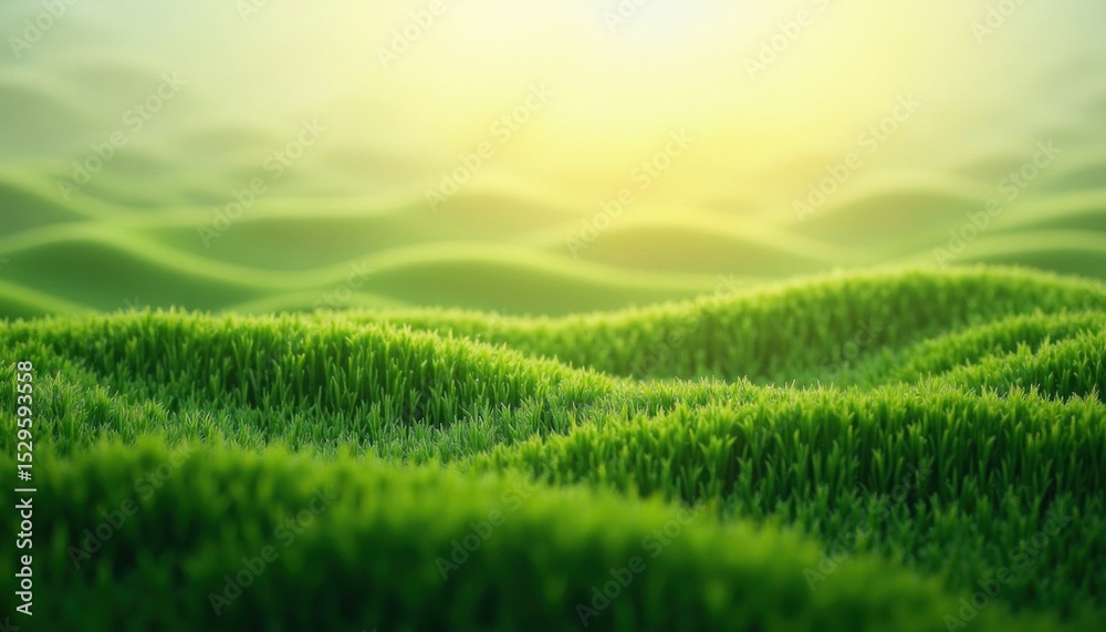 Fototapeta premium A vibrant green lawn with rolling hills under a soft, golden light conveys serenity and growth.