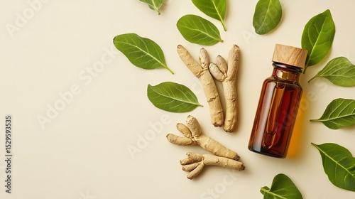 On a pale beige background with white space an aerial shot of fresh ashwagandha oils in a container and leaves having herbal appeal, Generative AI.