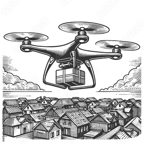 drone flying above suburban houses while delivering a package, symbolizing modern logistics sketch engraving generative ai vector illustration. Scratch board imitation. Black and white image.