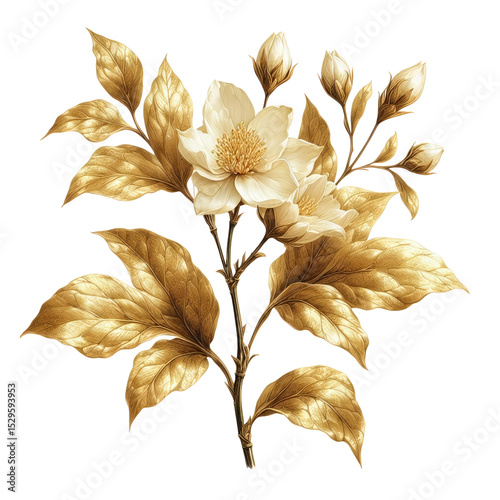 Luxury floral design featuring white jasmine and golden details, isolated on a transparent background. Great for weddings, branding, and products.